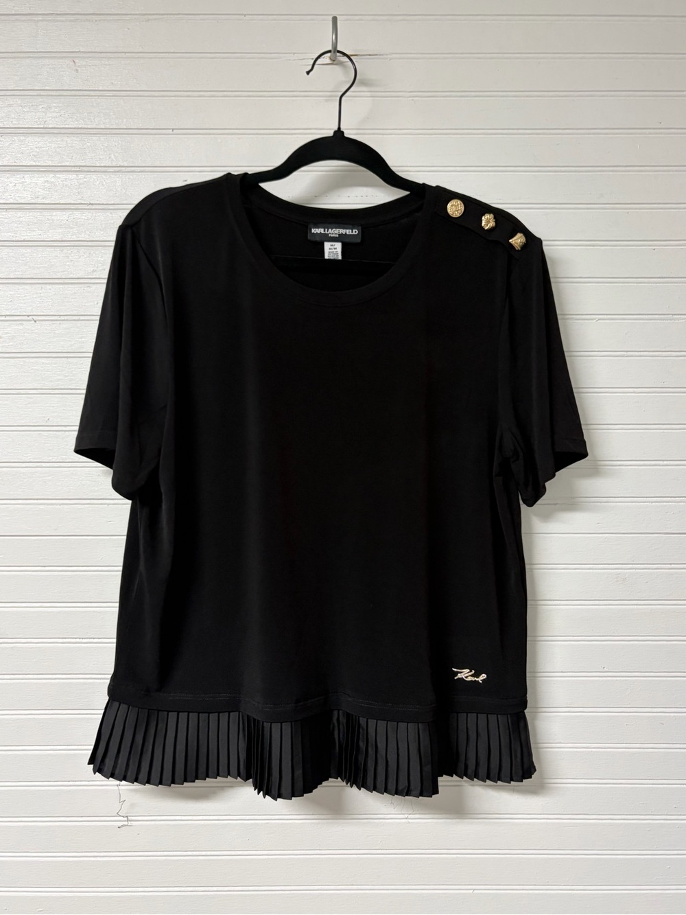 Karl Lagerfeld Black Short Sleeve Top with Gold Shoulder Buttons and Pleated Hem